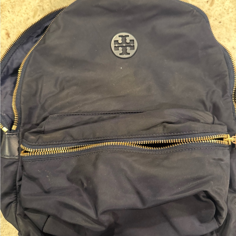 Tory Burch Dark Blue Backpack with Gold Accents